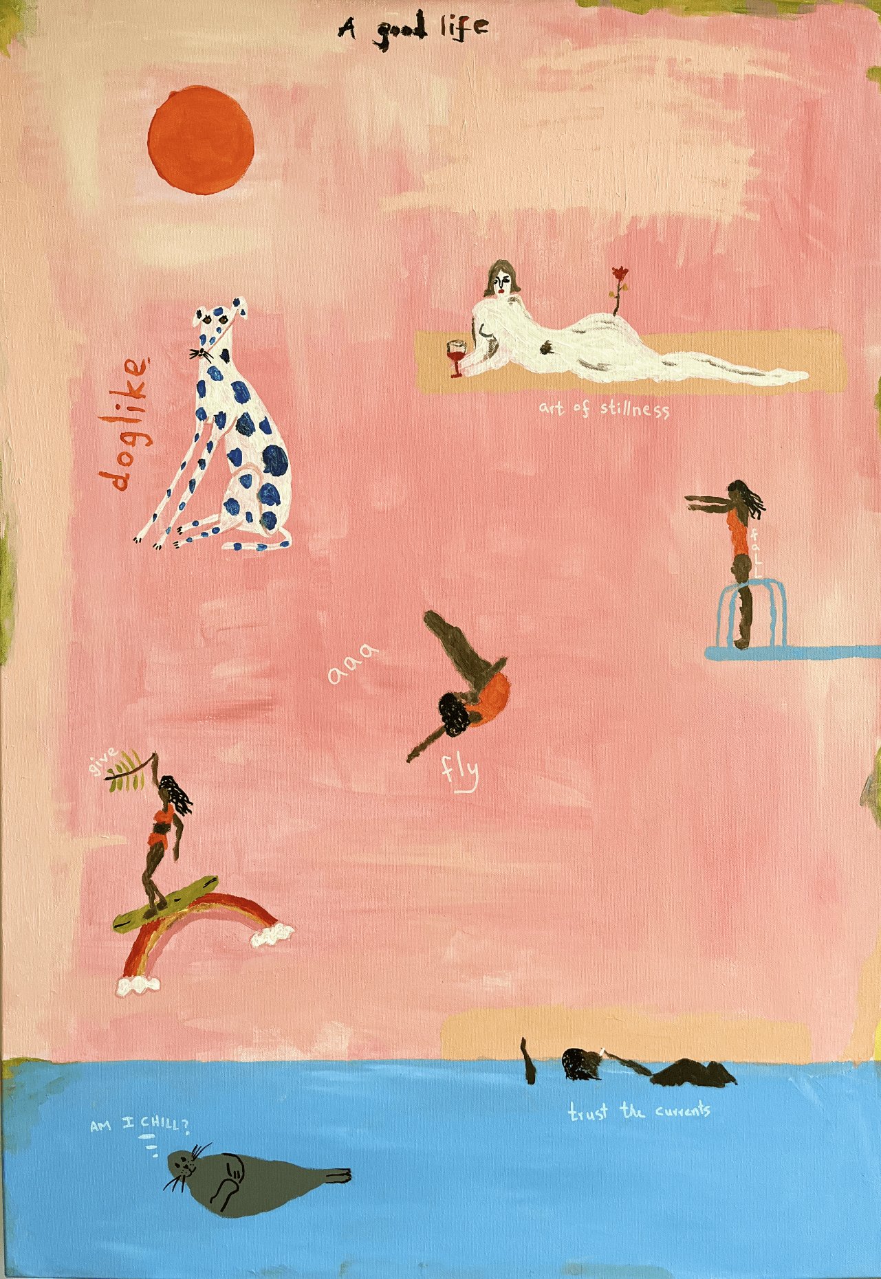 A good life — a doglike painting, figures and a spotted dog under a red sun on pink