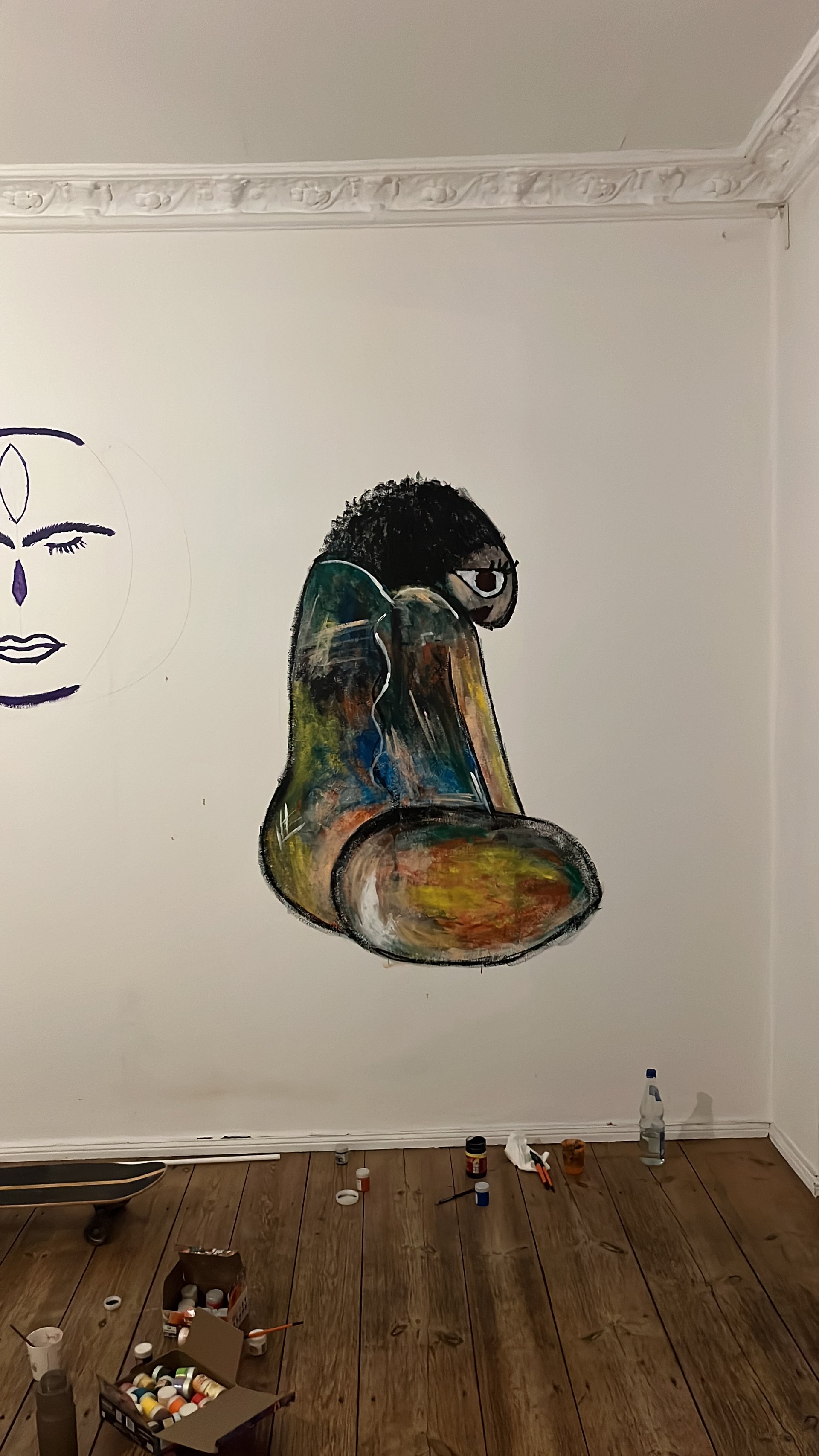 Hand-painted wall mural in progress, Berlin Altbau