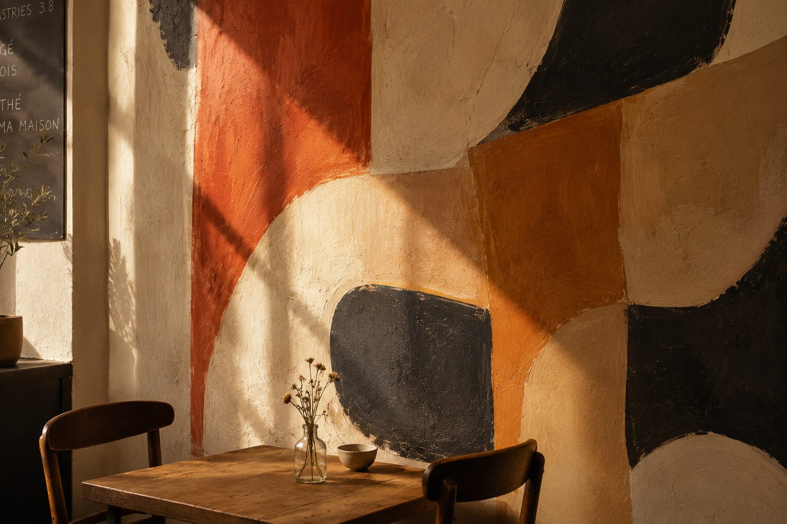 Hand-painted abstract mural in ochre, ochre and charcoal in a café corner
