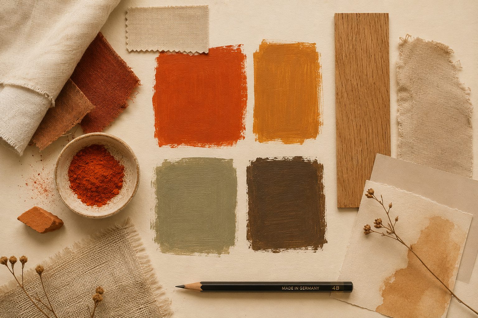 Material board with hand-painted color swatches, linen, oak and pigment