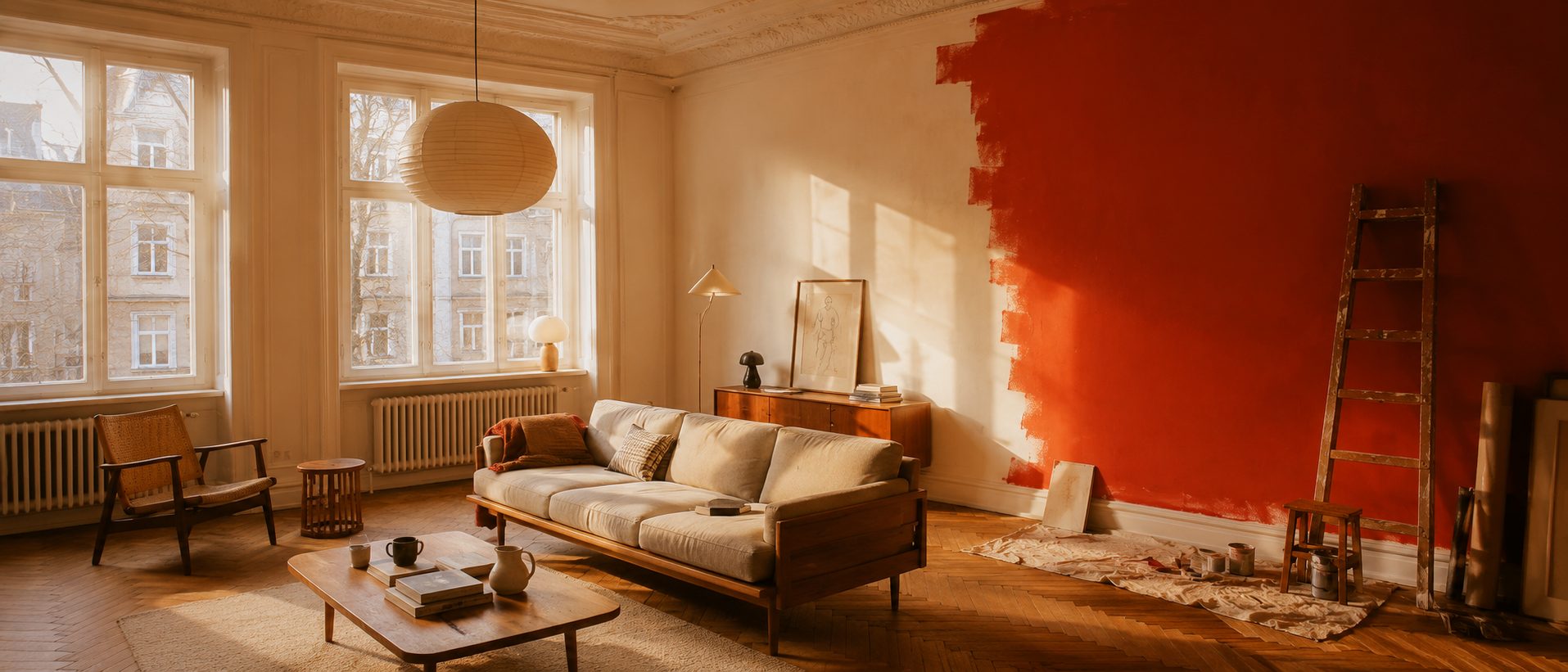 Berlin Altbau living room mid-transformation, one wall painted ochre